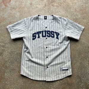 Stussy Mens Pinstripe Wool Blend Baseball Jersey Grey Navy XL 111761